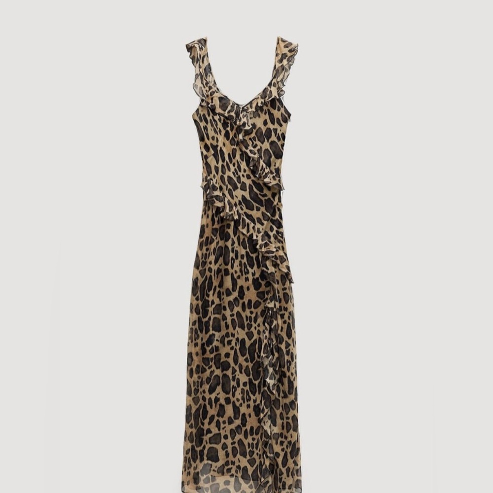 Zara Leopard Ruffle Maxi Slip Dress